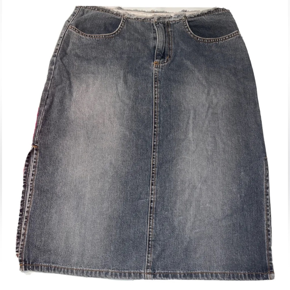90s Blue JEAN knee Skirt Size 5/6 Blue Slit Sides frayed waist front pockets M